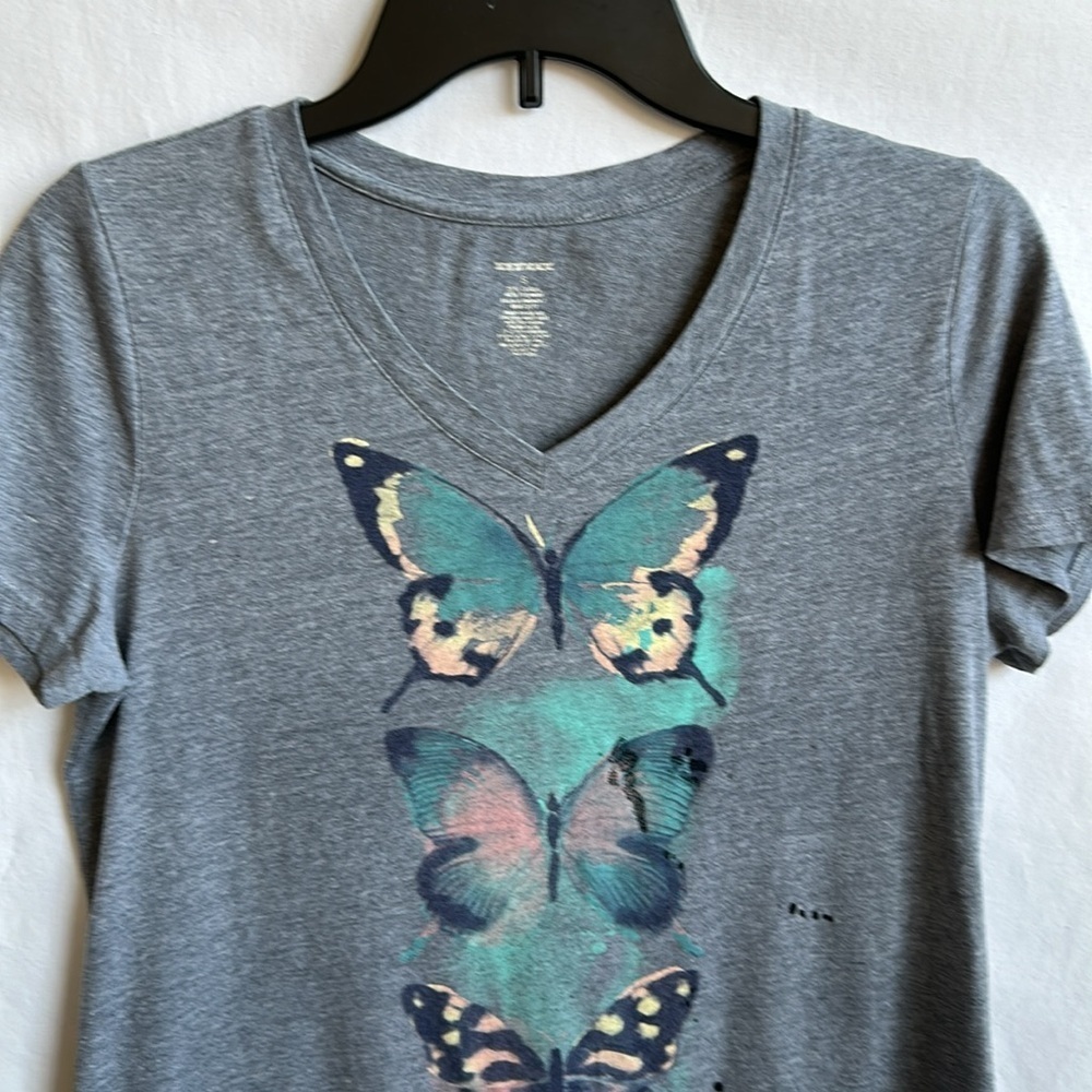 Gray butterfly / black ink motif T-shirt, size S - Picture 2 of 6